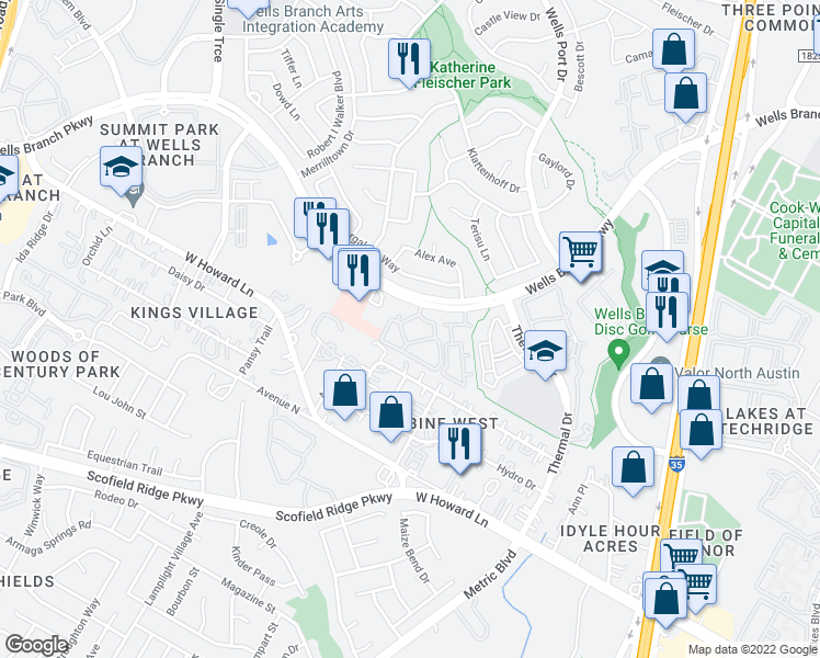 map of restaurants, bars, coffee shops, grocery stores, and more near 1915 Wells Branch Parkway in Austin