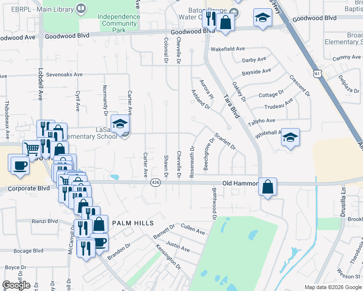 map of restaurants, bars, coffee shops, grocery stores, and more near 1859 Chevelle Drive in Baton Rouge