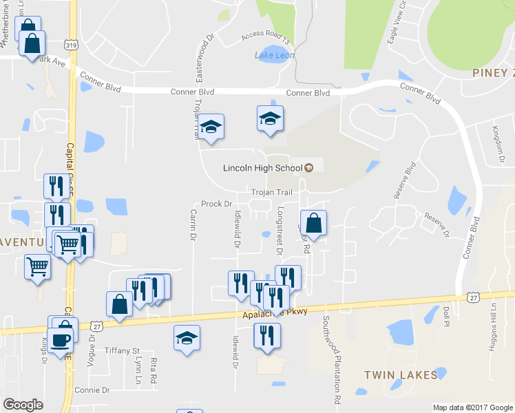 map of restaurants, bars, coffee shops, grocery stores, and more near 1009 Idlewild Drive in Tallahassee