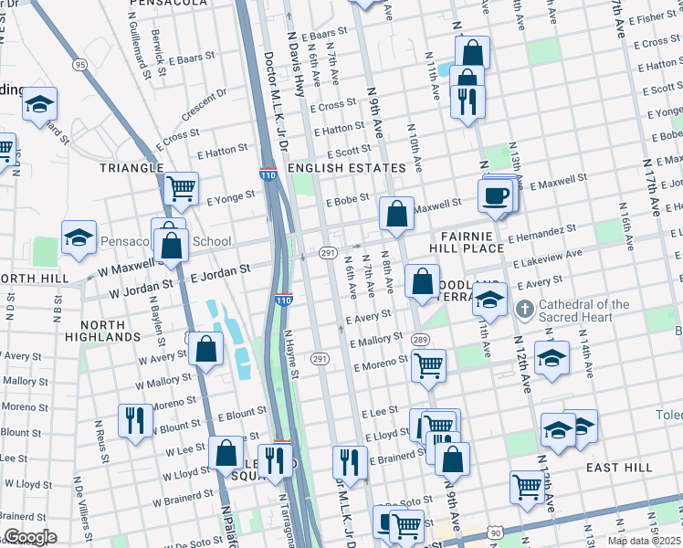 map of restaurants, bars, coffee shops, grocery stores, and more near 2005 North 6th Avenue in Pensacola