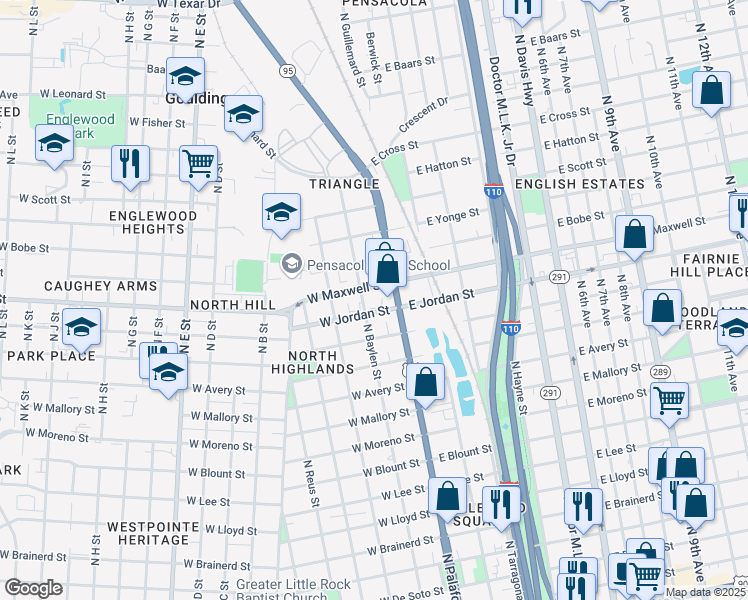 map of restaurants, bars, coffee shops, grocery stores, and more near 199 West Jordan Street in Pensacola