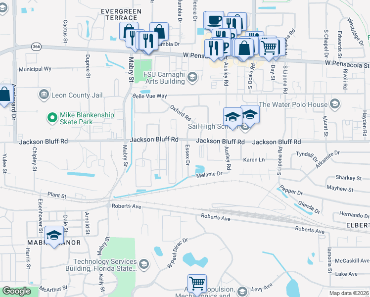 map of restaurants, bars, coffee shops, grocery stores, and more near 811 Essex Drive in Tallahassee