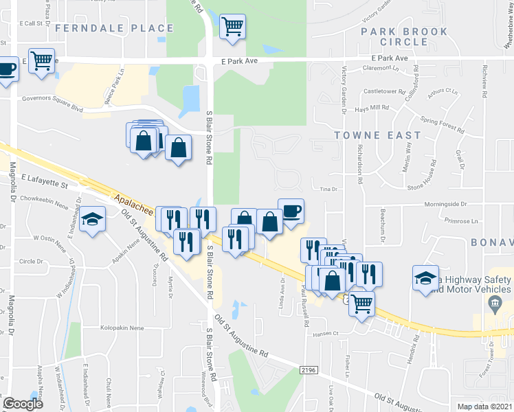 map of restaurants, bars, coffee shops, grocery stores, and more near 2100 Apalachee Parkway in Tallahassee