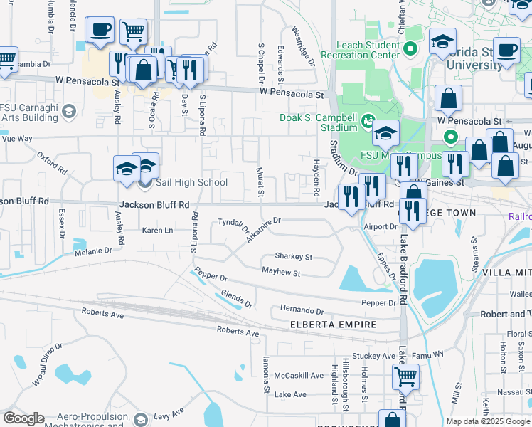 map of restaurants, bars, coffee shops, grocery stores, and more near 1663 Atkamire Drive in Tallahassee
