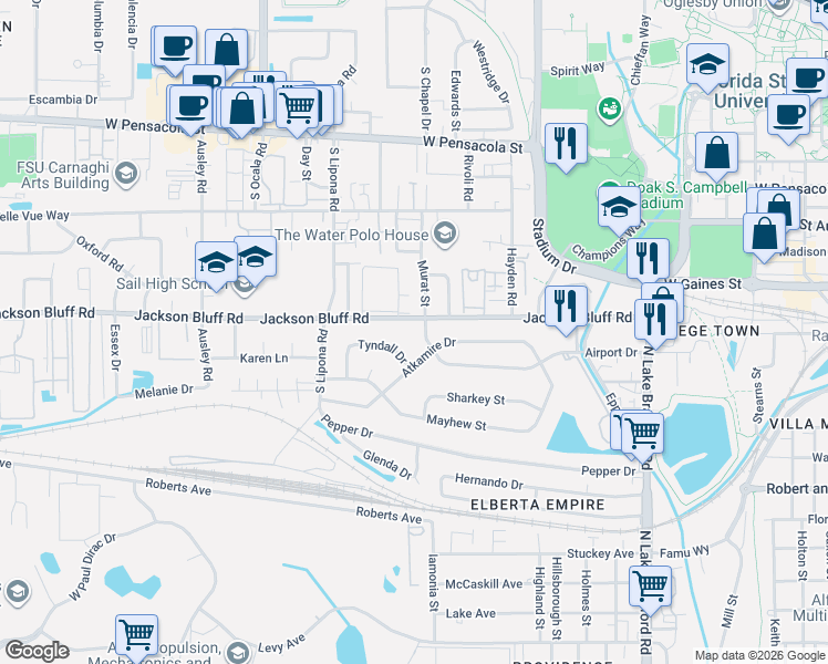 map of restaurants, bars, coffee shops, grocery stores, and more near 1812 Tyndall Drive in Tallahassee