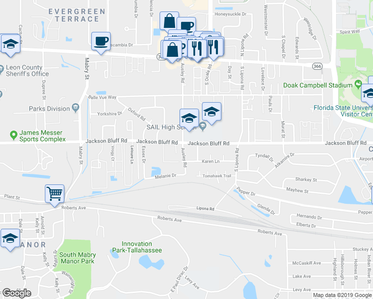 map of restaurants, bars, coffee shops, grocery stores, and more near 510 Ausley Road in Tallahassee