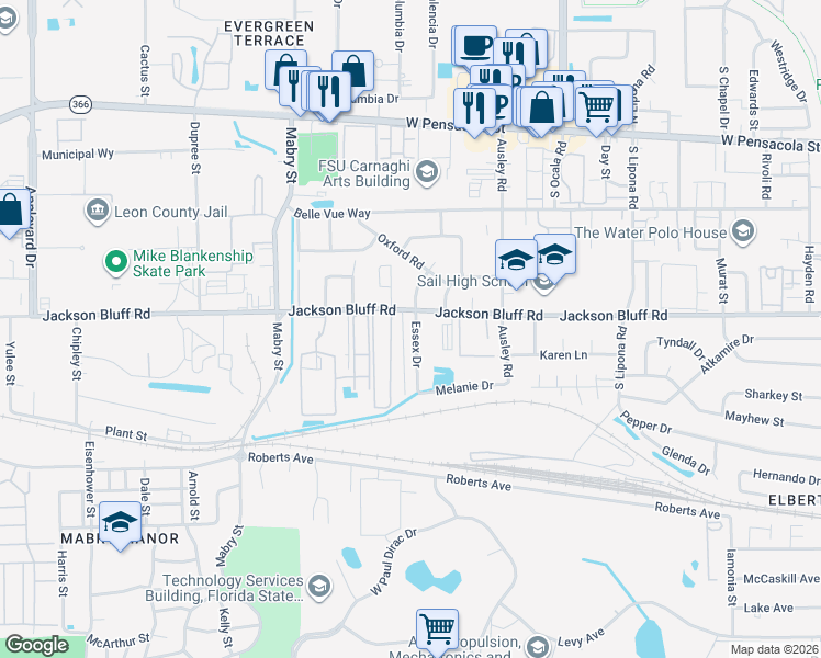 map of restaurants, bars, coffee shops, grocery stores, and more near 811 Essex Drive in Tallahassee