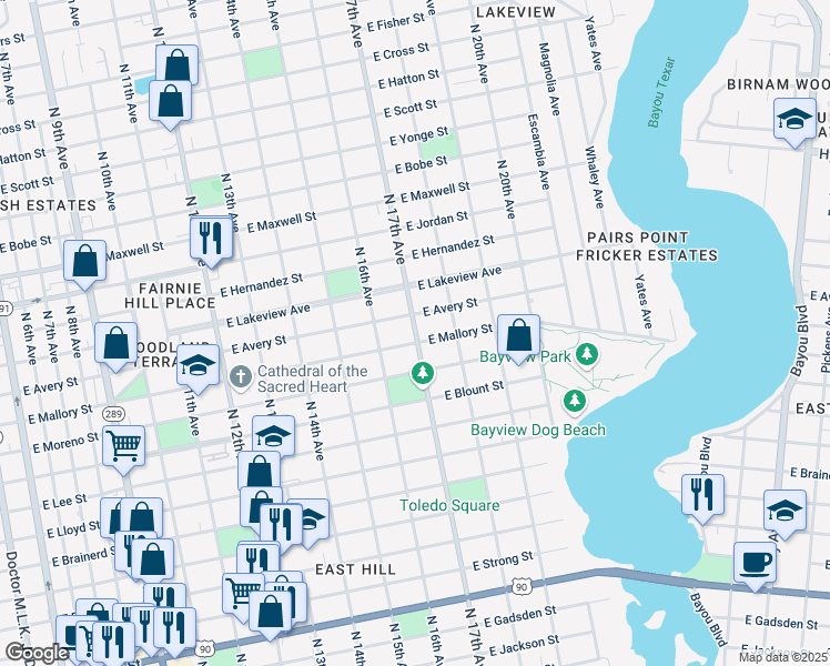 map of restaurants, bars, coffee shops, grocery stores, and more near 1612 East Mallory Street in Pensacola