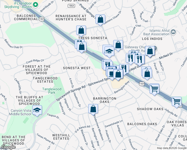 map of restaurants, bars, coffee shops, grocery stores, and more near 8617 Spicewood Springs Road in Austin