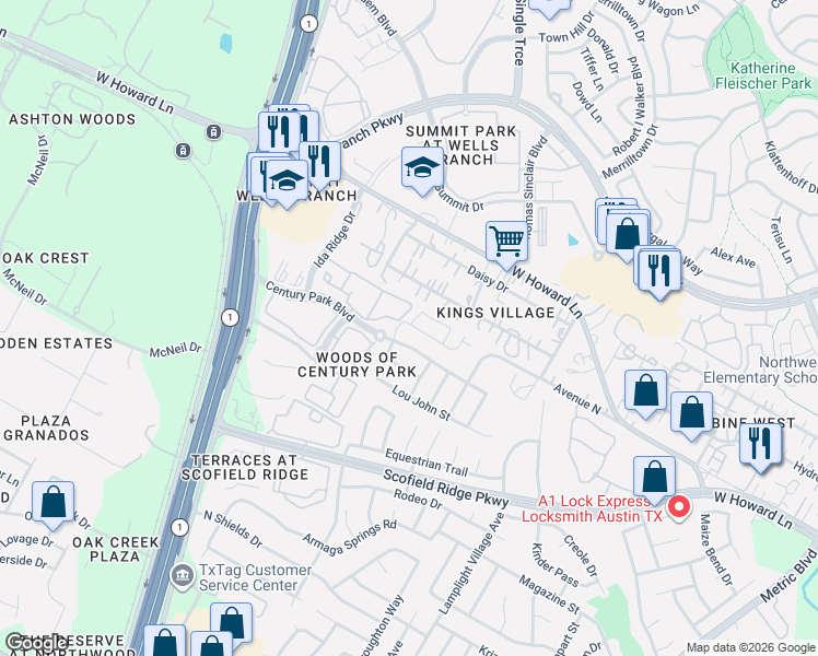 map of restaurants, bars, coffee shops, grocery stores, and more near 2632 Century Park Boulevard in Austin