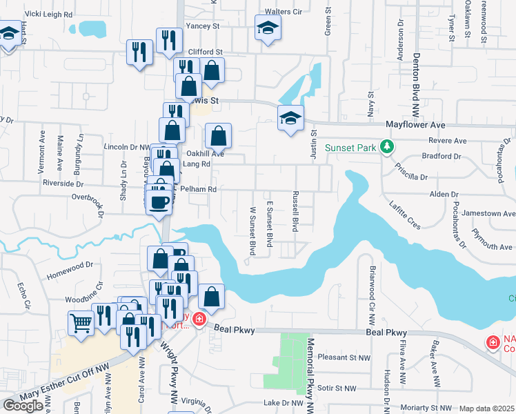 map of restaurants, bars, coffee shops, grocery stores, and more near 611 West Sunset Boulevard in Fort Walton Beach