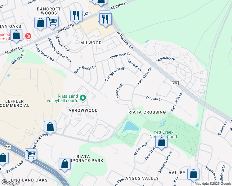 map of restaurants, bars, coffee shops, grocery stores, and more near 5705 Diehl Trail in Austin