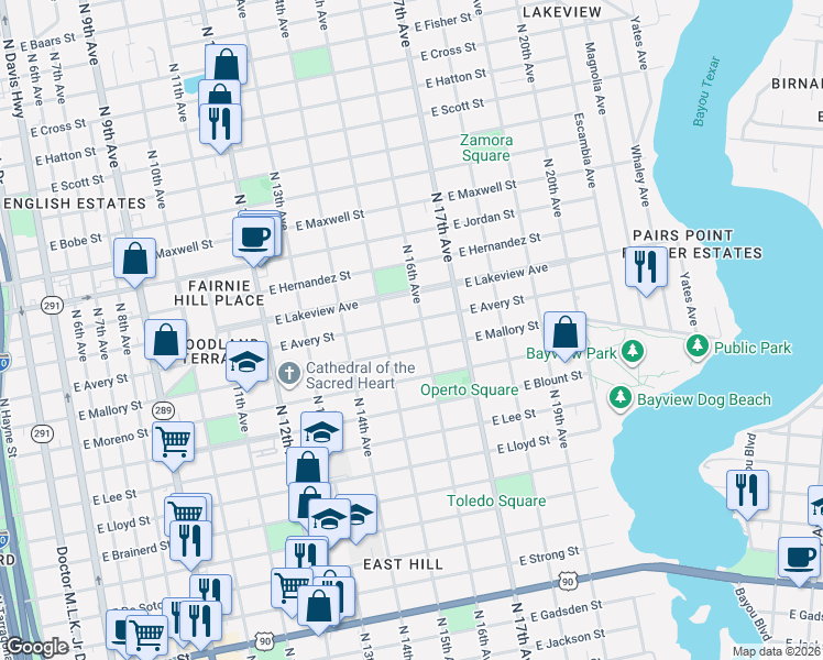 map of restaurants, bars, coffee shops, grocery stores, and more near 1508 East Mallory Street in Pensacola