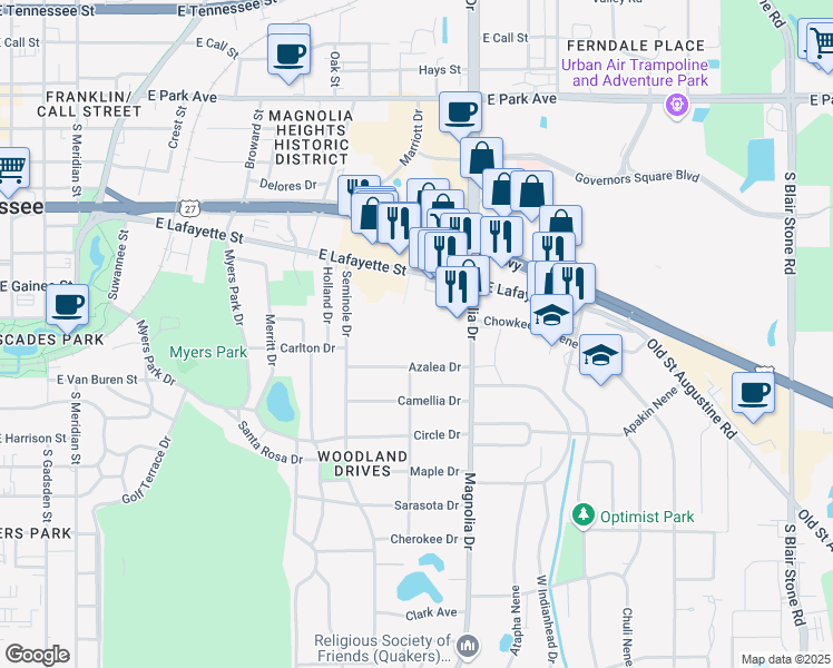map of restaurants, bars, coffee shops, grocery stores, and more near 1112 South Magnolia Drive in Tallahassee