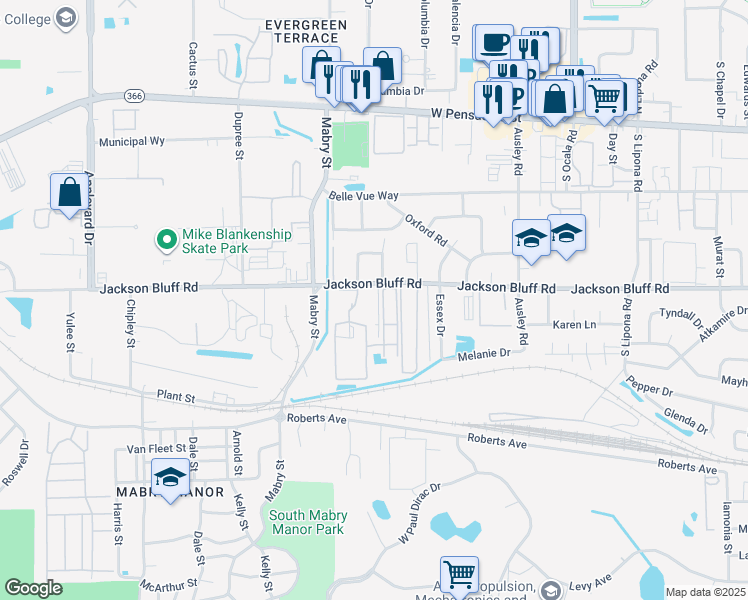 map of restaurants, bars, coffee shops, grocery stores, and more near 2321 Jackson Bluff Road in Tallahassee