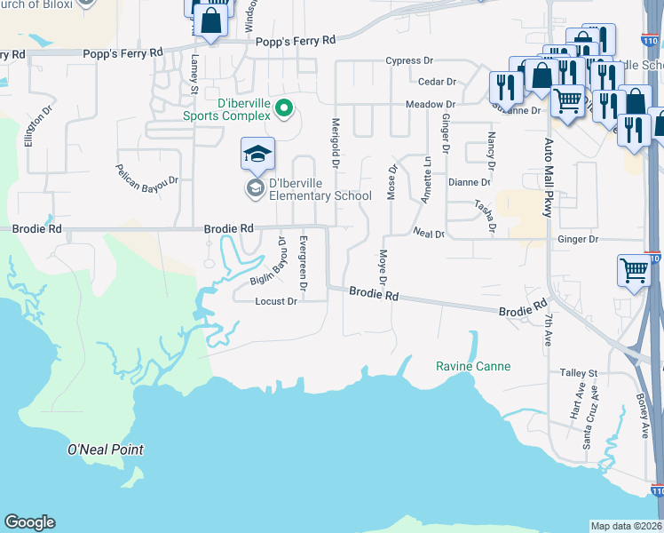 map of restaurants, bars, coffee shops, grocery stores, and more near 4378 Brodie Road in D'Iberville