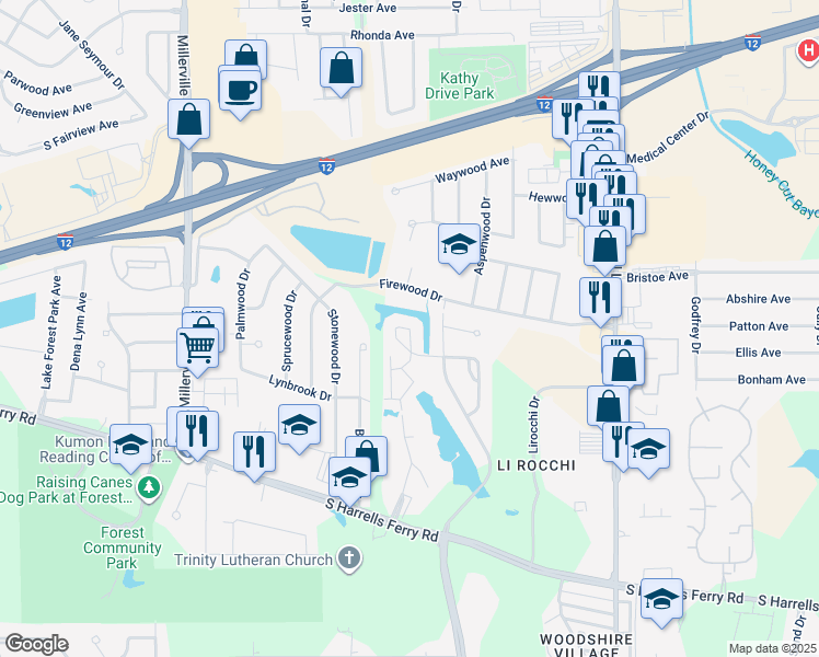 map of restaurants, bars, coffee shops, grocery stores, and more near 15407 North Mistybrook Drive in Baton Rouge