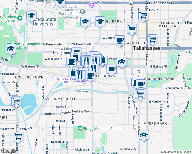 map of restaurants, bars, coffee shops, grocery stores, and more near 917 Railroad Avenue in Tallahassee