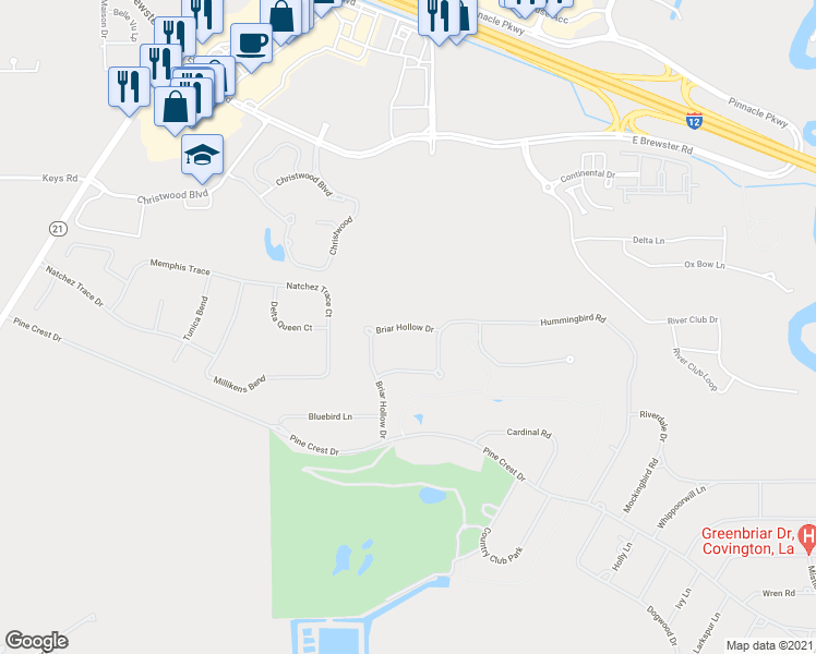 map of restaurants, bars, coffee shops, grocery stores, and more near Briar Hollow in Covington