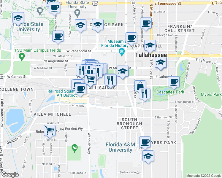 map of restaurants, bars, coffee shops, grocery stores, and more near 423 All Saints Street in Tallahassee