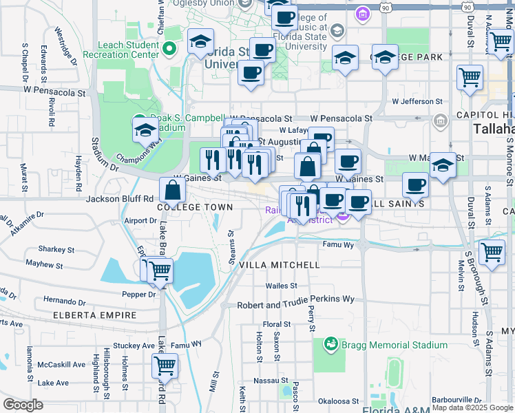 map of restaurants, bars, coffee shops, grocery stores, and more near 825 Mosley Street in Tallahassee