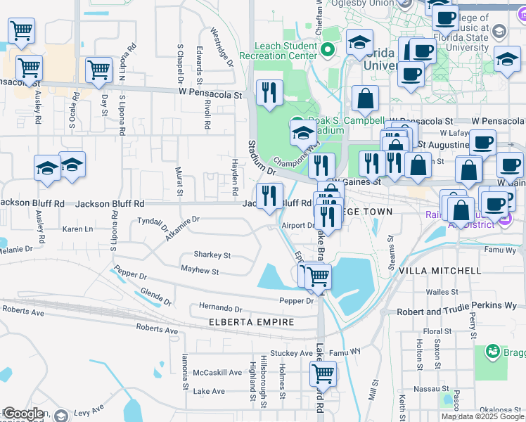map of restaurants, bars, coffee shops, grocery stores, and more near 1327 Jackson Bluff Road in Tallahassee
