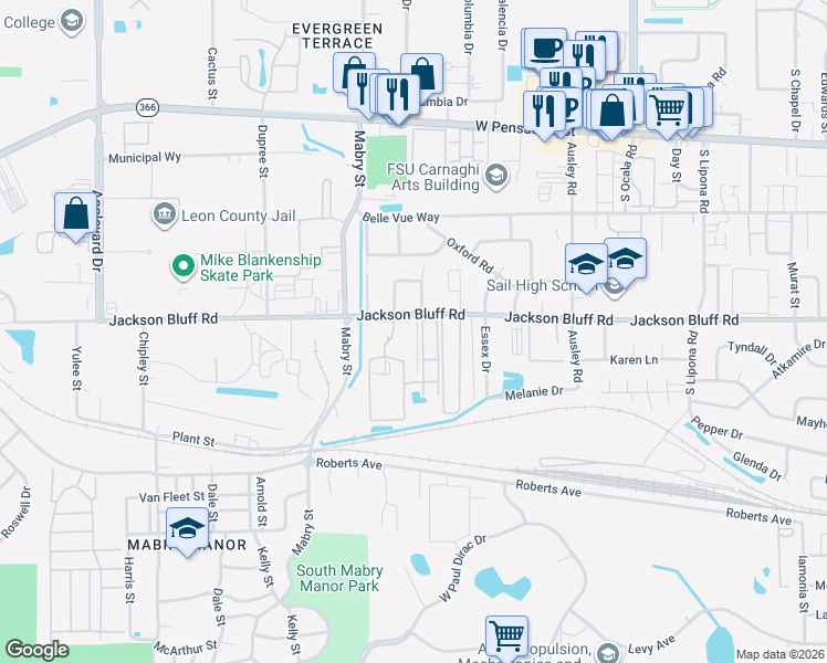 map of restaurants, bars, coffee shops, grocery stores, and more near 38 Vrogy Court in Tallahassee