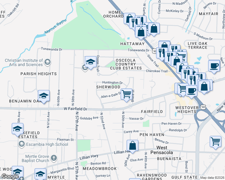map of restaurants, bars, coffee shops, grocery stores, and more near 17-19 Alan-a-Dale Drive in Pensacola