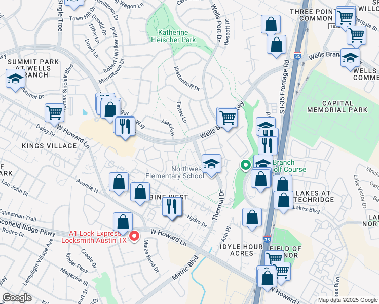 map of restaurants, bars, coffee shops, grocery stores, and more near 14100 Thermal Drive in Austin
