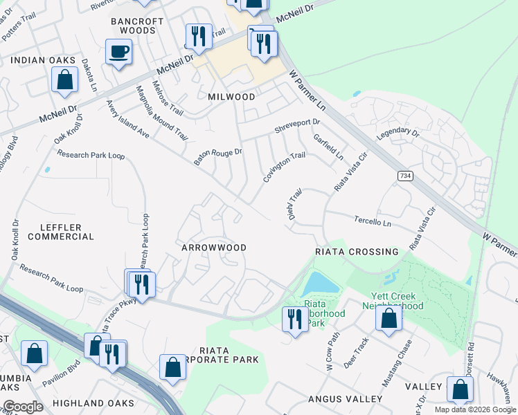 map of restaurants, bars, coffee shops, grocery stores, and more near 5807 Avery Island Avenue in Austin