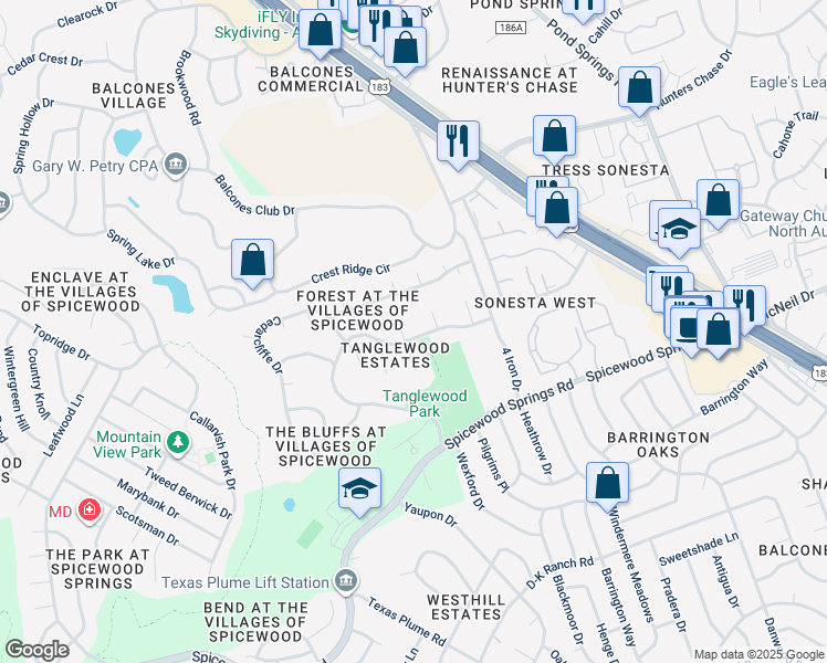 map of restaurants, bars, coffee shops, grocery stores, and more near 11529 Rustic Rock Drive in Austin