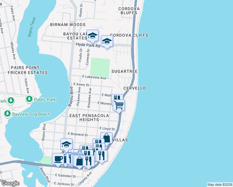 map of restaurants, bars, coffee shops, grocery stores, and more near 1255 Scenic Highway in Pensacola