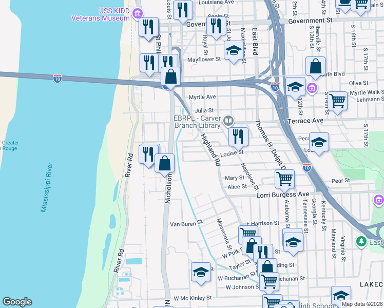 map of restaurants, bars, coffee shops, grocery stores, and more near 231 Ellwood Street in Baton Rouge