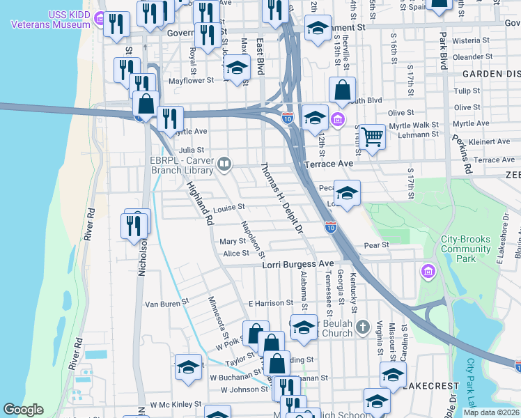 map of restaurants, bars, coffee shops, grocery stores, and more near 519 Howard Street in Baton Rouge