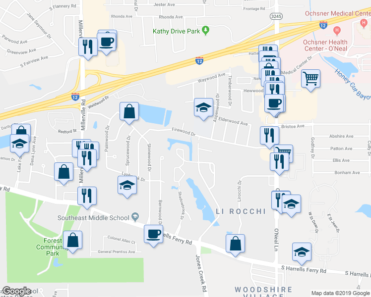 map of restaurants, bars, coffee shops, grocery stores, and more near 2101 Rockybrook Drive in Baton Rouge