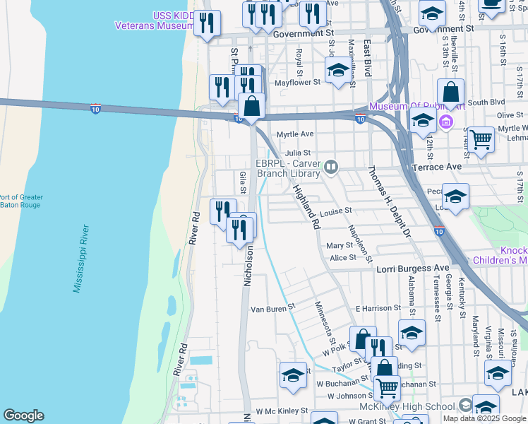 map of restaurants, bars, coffee shops, grocery stores, and more near 1452 Duane Street in Baton Rouge