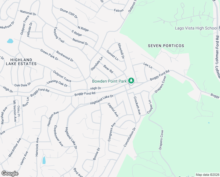 map of restaurants, bars, coffee shops, grocery stores, and more near 20210 Highland Lake Drive in Lago Vista