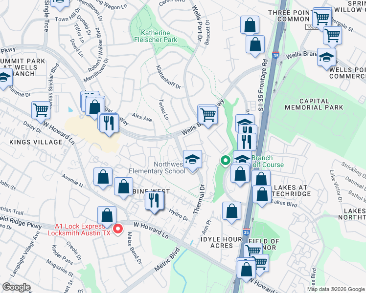map of restaurants, bars, coffee shops, grocery stores, and more near 14135 Thermal Drive in Austin