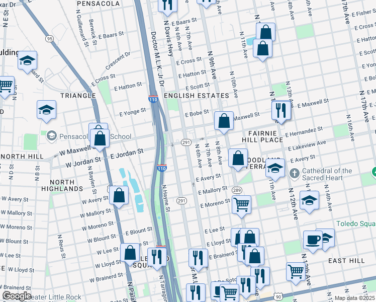 map of restaurants, bars, coffee shops, grocery stores, and more near 2024 North Davis Street in Pensacola
