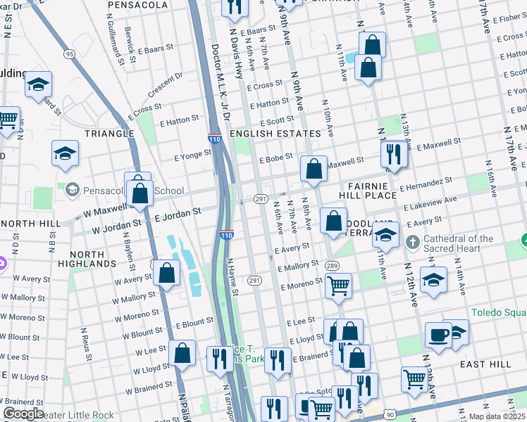 map of restaurants, bars, coffee shops, grocery stores, and more near 2024 North Davis Street in Pensacola