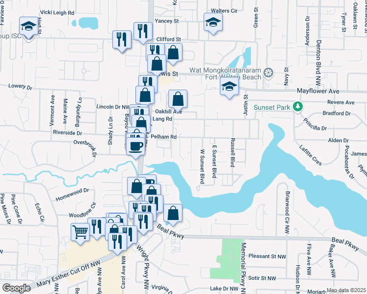 map of restaurants, bars, coffee shops, grocery stores, and more near 208 Casper Drive in Fort Walton Beach