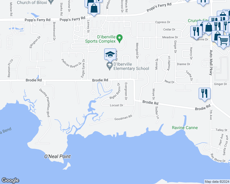 map of restaurants, bars, coffee shops, grocery stores, and more near 4522 Magnolia Cove West in D'Iberville