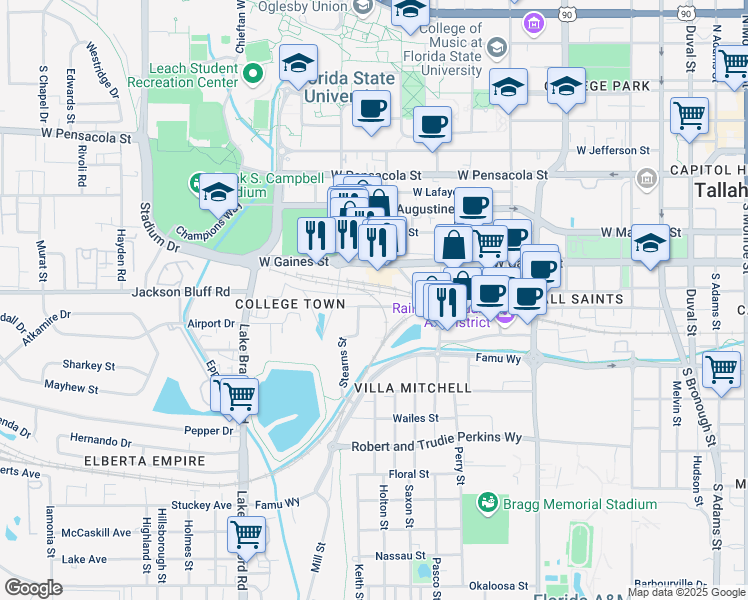 map of restaurants, bars, coffee shops, grocery stores, and more near 825 Mosley Street in Tallahassee