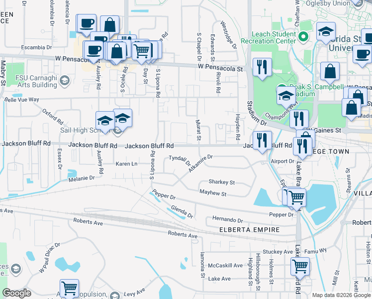 map of restaurants, bars, coffee shops, grocery stores, and more near 1812 Tyndall Drive in Tallahassee