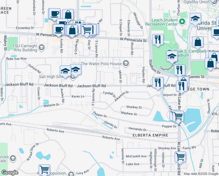 map of restaurants, bars, coffee shops, grocery stores, and more near 1812 Tyndall Drive in Tallahassee