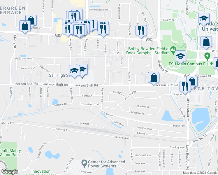 map of restaurants, bars, coffee shops, grocery stores, and more near 1826 Tyndall Drive in Tallahassee