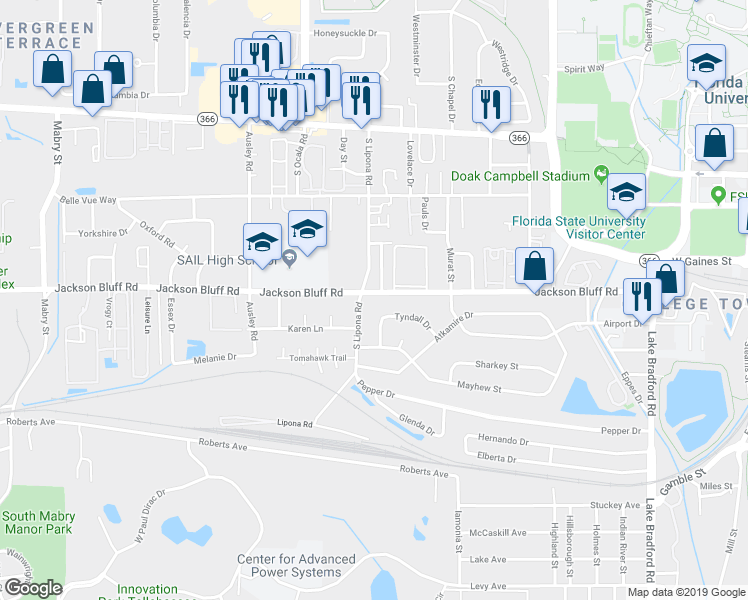 map of restaurants, bars, coffee shops, grocery stores, and more near 1826 Tyndall Drive in Tallahassee