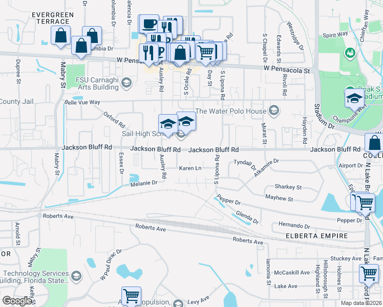 map of restaurants, bars, coffee shops, grocery stores, and more near 808 Evelyn Court in Tallahassee