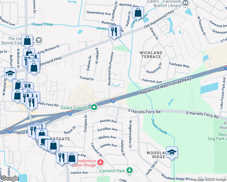 map of restaurants, bars, coffee shops, grocery stores, and more near 12081 North Harrells Ferry Road in Baton Rouge