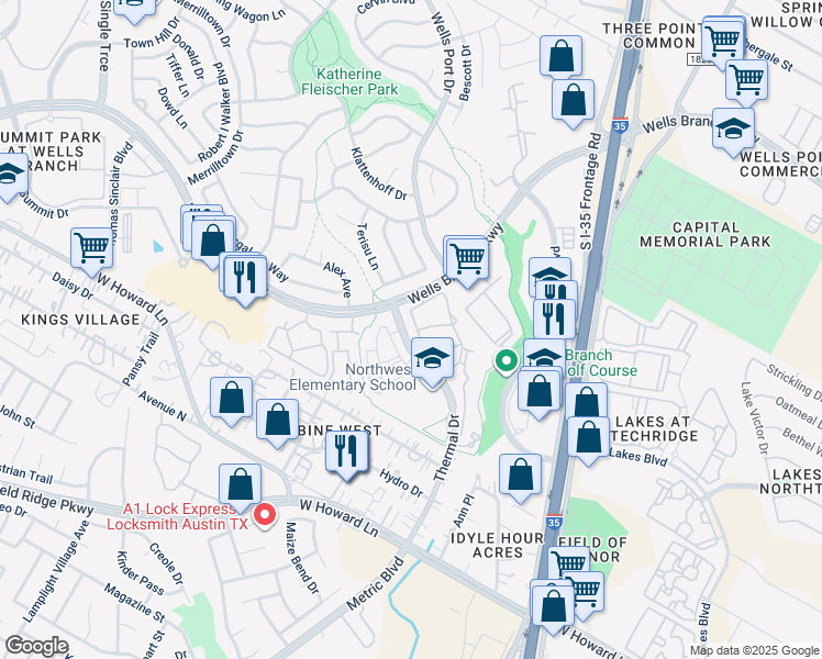 map of restaurants, bars, coffee shops, grocery stores, and more near 14100 Thermal Drive in Austin